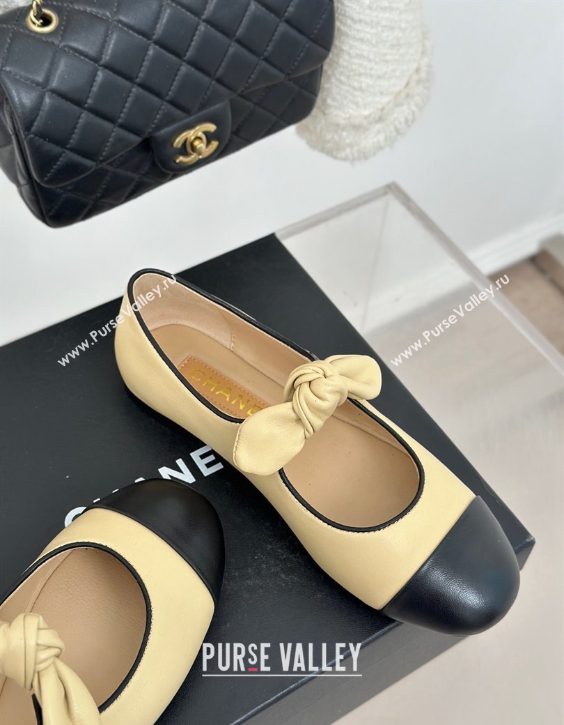 Chanel Lambskin Patent Leather Mary Janes Ballet Flats with Knot Bow Beige 2025 G46149 (MD-250103037)