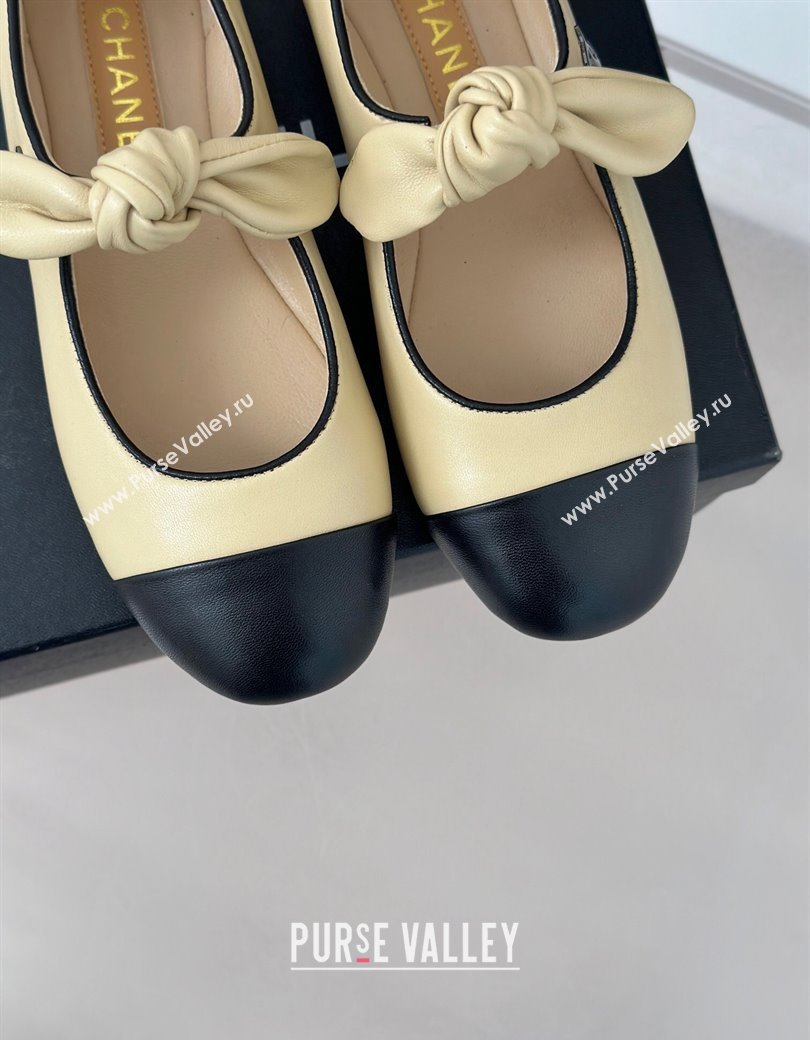 Chanel Lambskin Patent Leather Mary Janes Ballet Flats with Knot Bow Beige 2025 G46149 (MD-250103037)