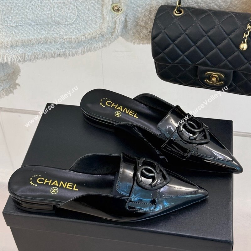 Chanel Patent Calfskin Flat Mules with CC Heart Black 2025 G46072 (MD-250103043)