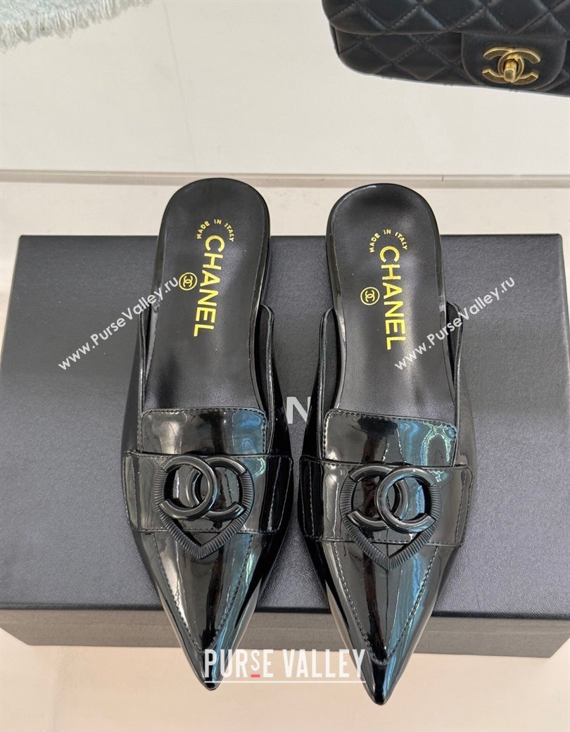 Chanel Patent Calfskin Flat Mules with CC Heart Black 2025 G46072 (MD-250103043)