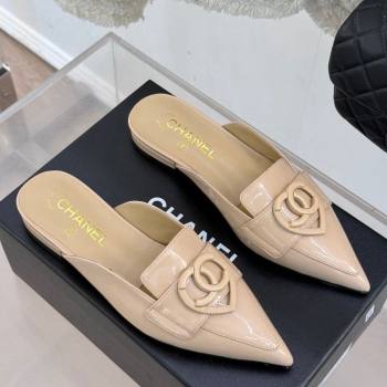 Chanel Patent Calfskin Flat Mules with CC Heart Nude 2025 G46072 (MD-250103044)