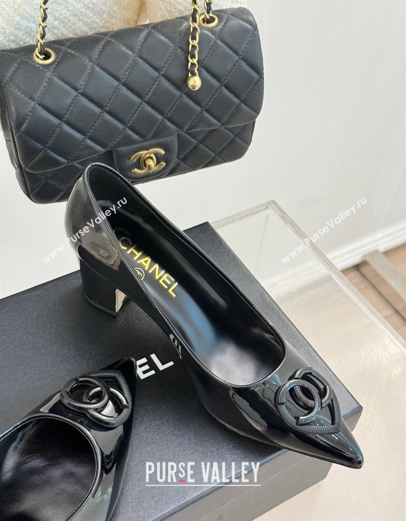 Chanel Patent Calfskin Leather Pumps 5cm with CC Heart Black 2025 G46072 (MD-250103051)