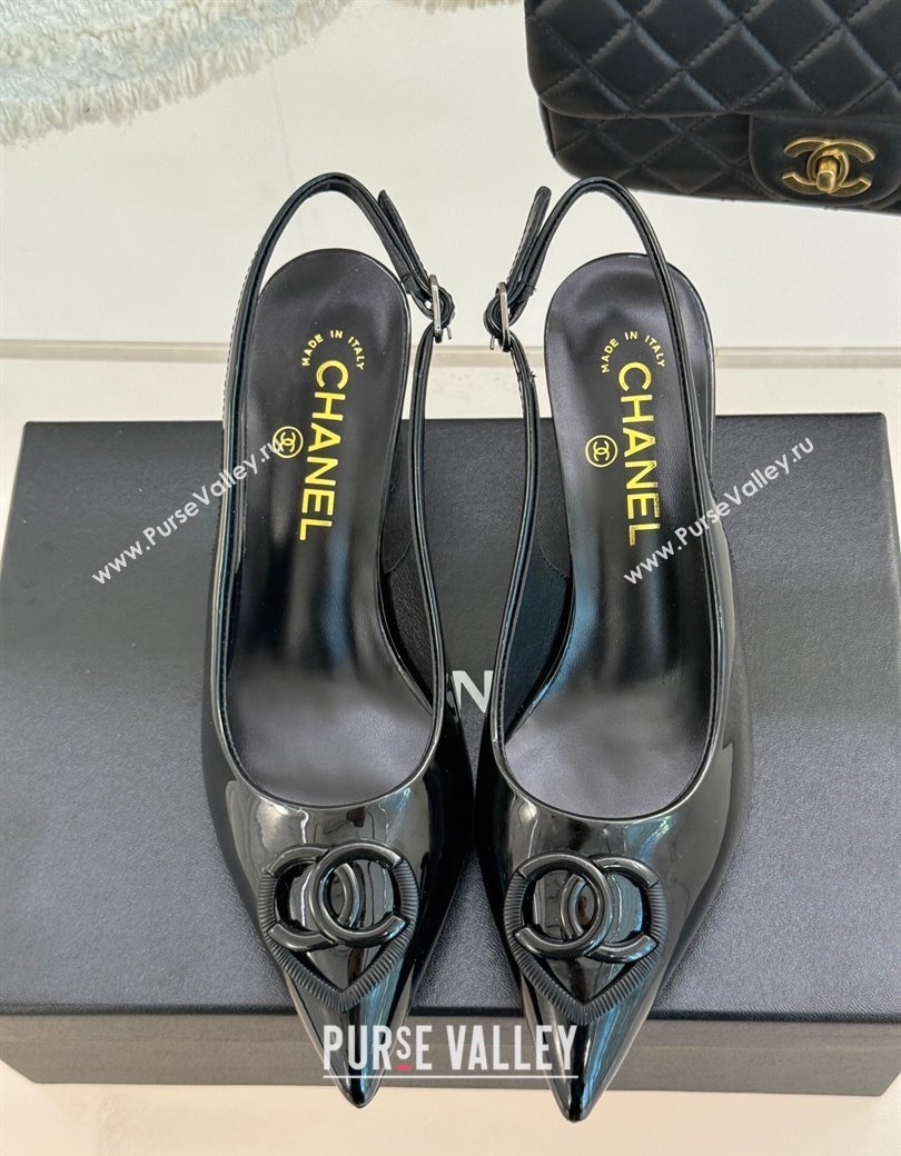 Chanel Patent Calfskin Slingback Pumps 5cm with CC Heart Black 2025 G46072 (MD-250103048)