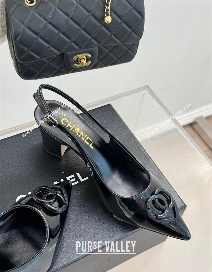 Chanel Patent Calfskin Slingback Pumps 5cm with CC Heart Black 2025 G46072 (MD-250103048)