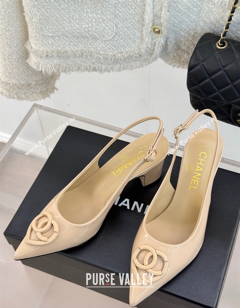 Chanel Patent Calfskin Slingback Pumps 5cm with CC Heart Nude 2025 G46072 (MD-250103047)