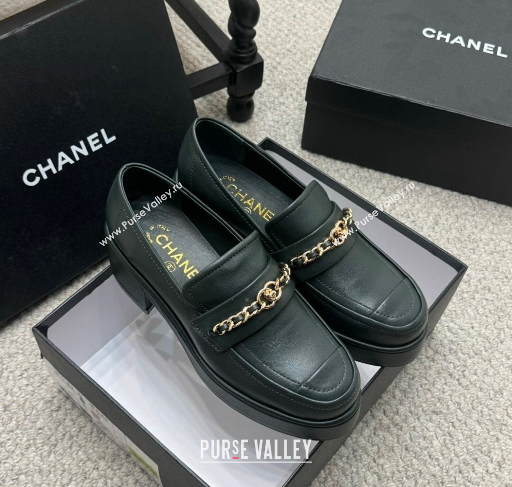 Chanel Calfskin Loafers with Chain Dark Green 2024 G46068 (MD-250103024)