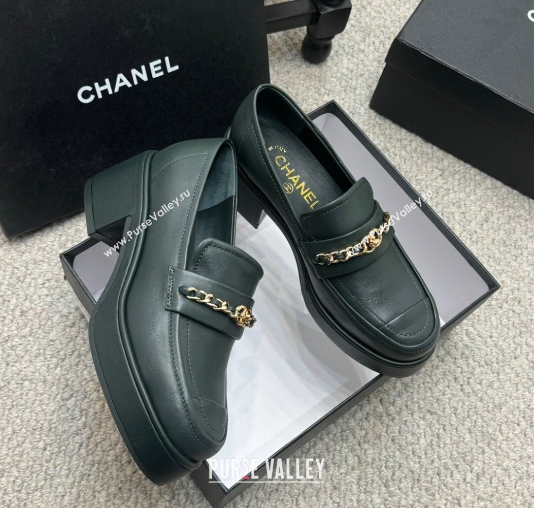 Chanel Calfskin Loafers with Chain Dark Green 2024 G46068 (MD-250103024)