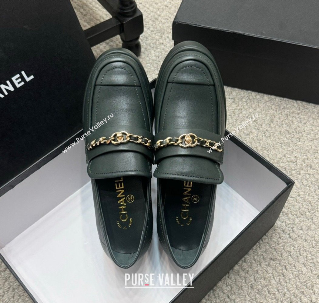 Chanel Calfskin Loafers with Chain Dark Green 2024 G46068 (MD-250103024)