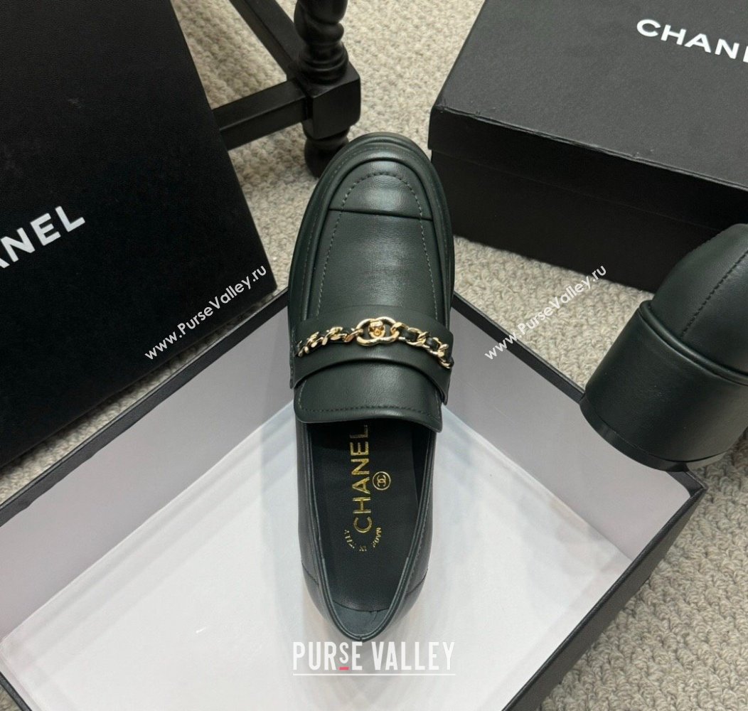 Chanel Calfskin Loafers with Chain Dark Green 2024 G46068 (MD-250103024)