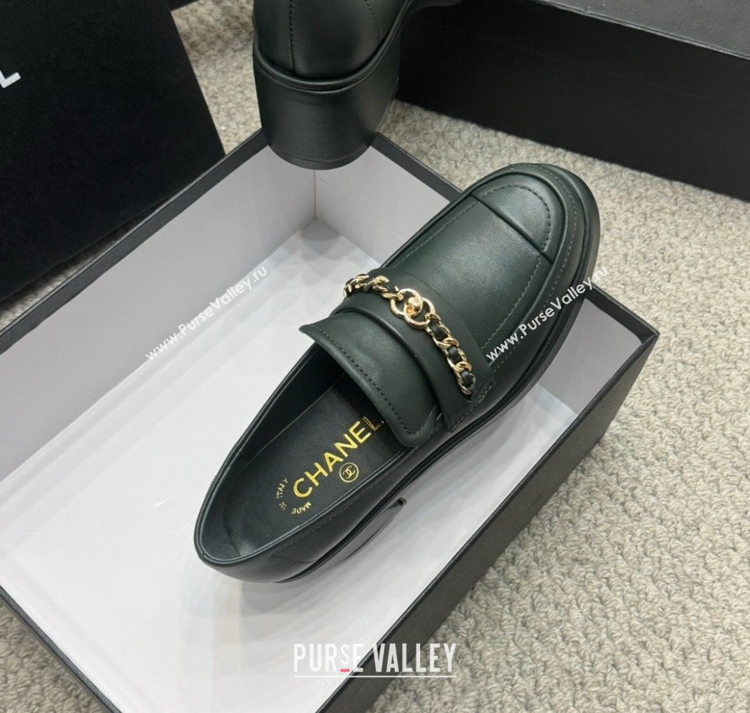 Chanel Calfskin Loafers with Chain Dark Green 2024 G46068 (MD-250103024)