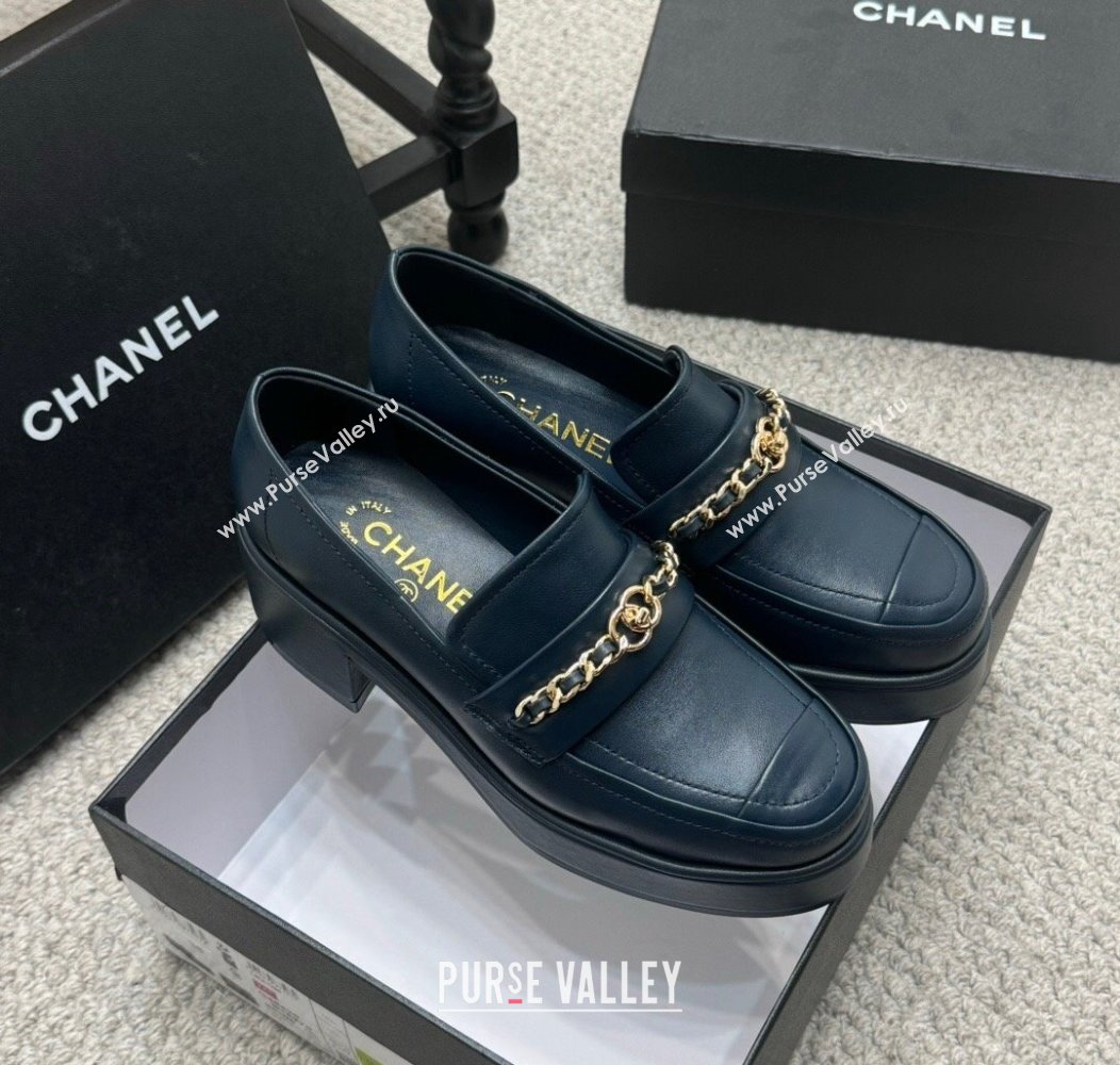 Chanel Calfskin Loafers with Chain Dark Blue 2024 G46068 (MD-250103025)