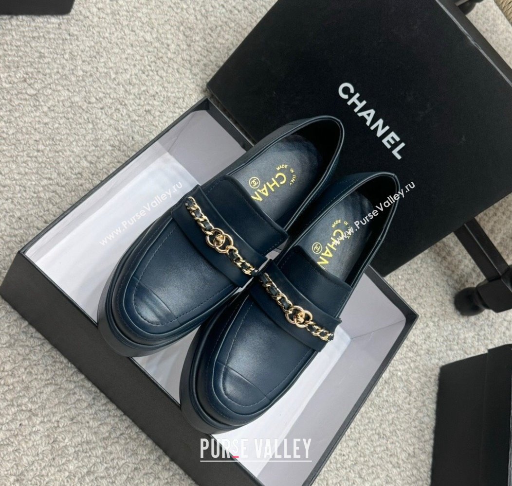 Chanel Calfskin Loafers with Chain Dark Blue 2024 G46068 (MD-250103025)