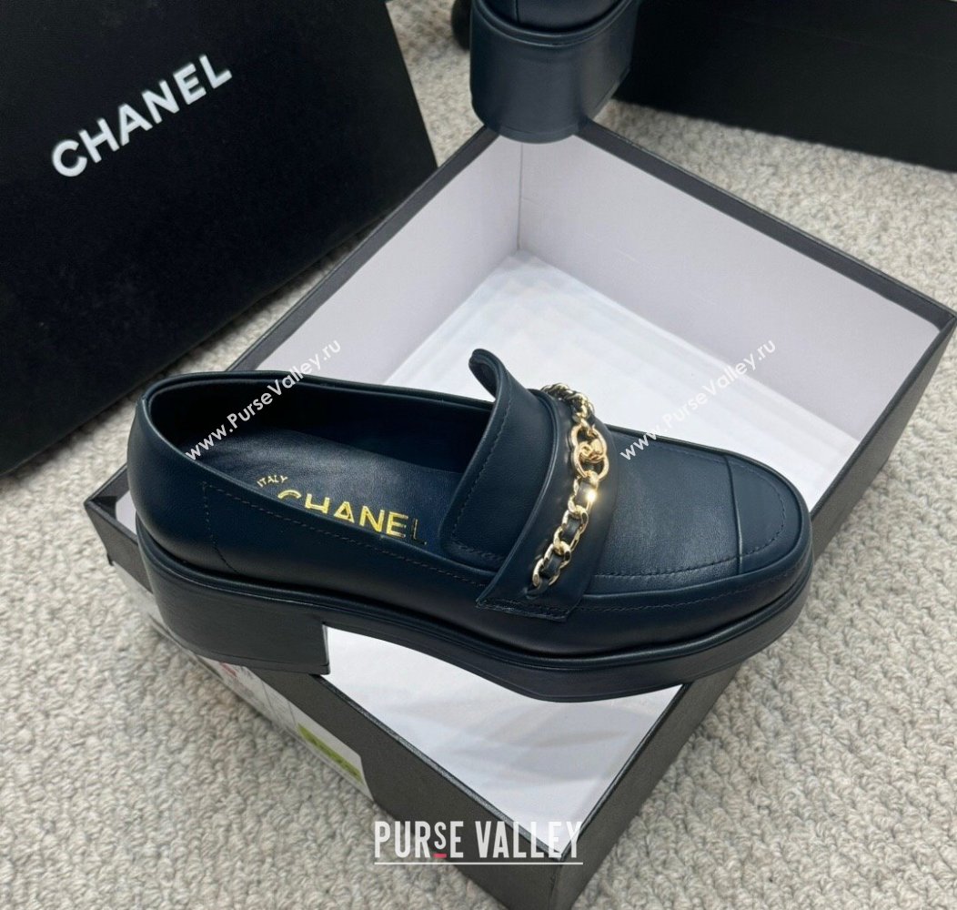 Chanel Calfskin Loafers with Chain Dark Blue 2024 G46068 (MD-250103025)