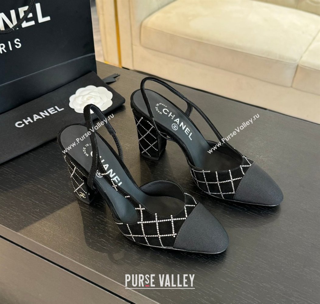 Chanel Quilted Suede Grosgrain Slingback Pumps 9cm with Studs G45509 Black 2024 (MD-250103087)