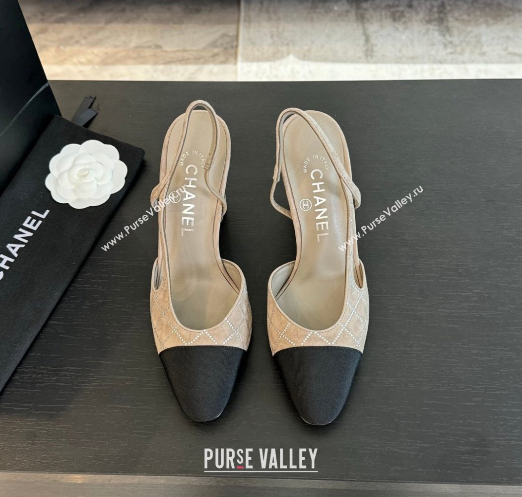 Chanel Quilted Suede Grosgrain Slingback Pumps 9cm with Studs G45509 Beige Grey 2024 (MD-250103089)