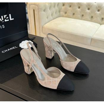 Chanel Quilted Suede Grosgrain Slingback Pumps 9cm with Studs G45509 Beige Grey 2024 (MD-250103089)