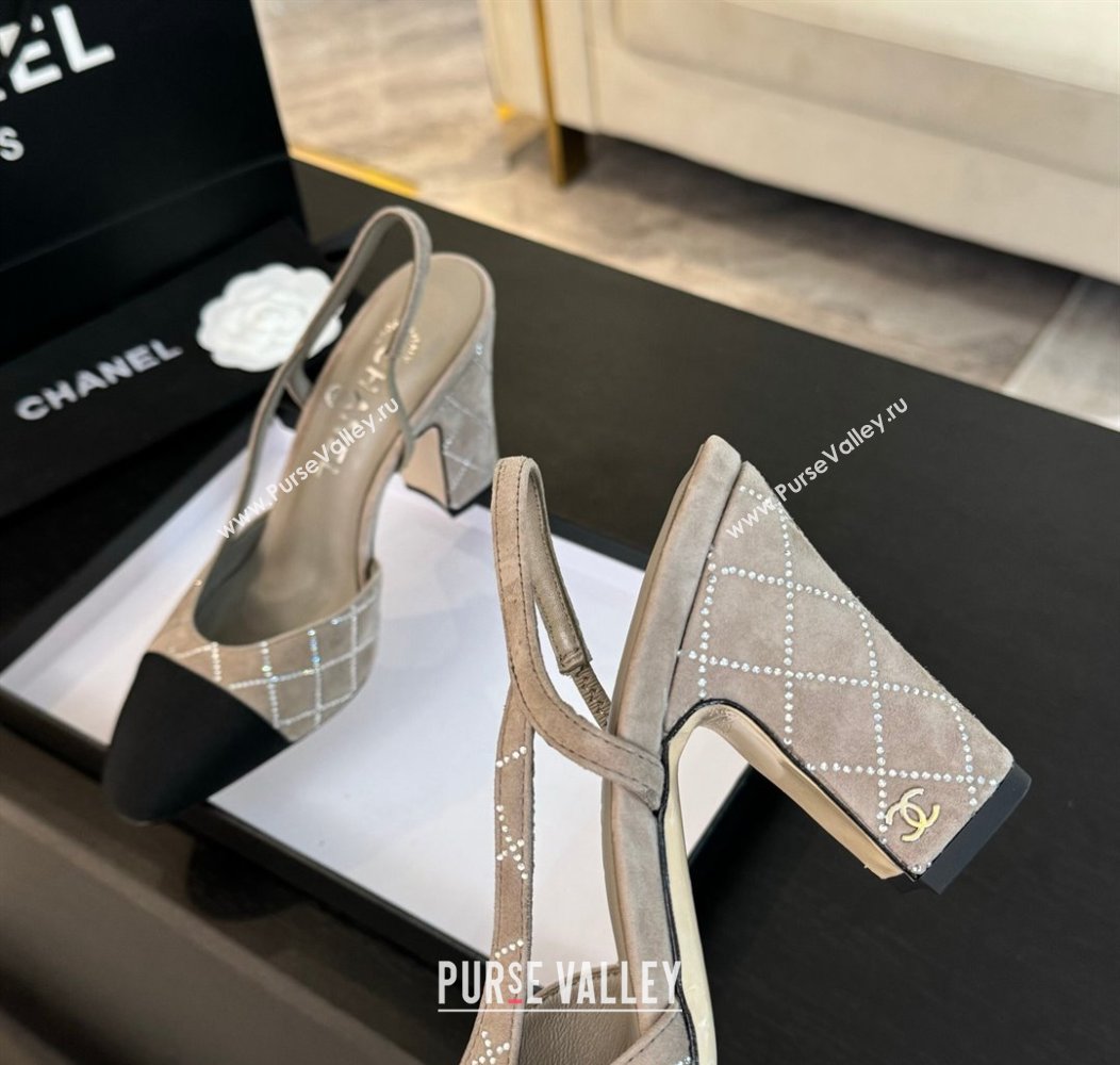 Chanel Quilted Suede Grosgrain Slingback Pumps 9cm with Studs G45509 Beige Grey 2024 (MD-250103089)