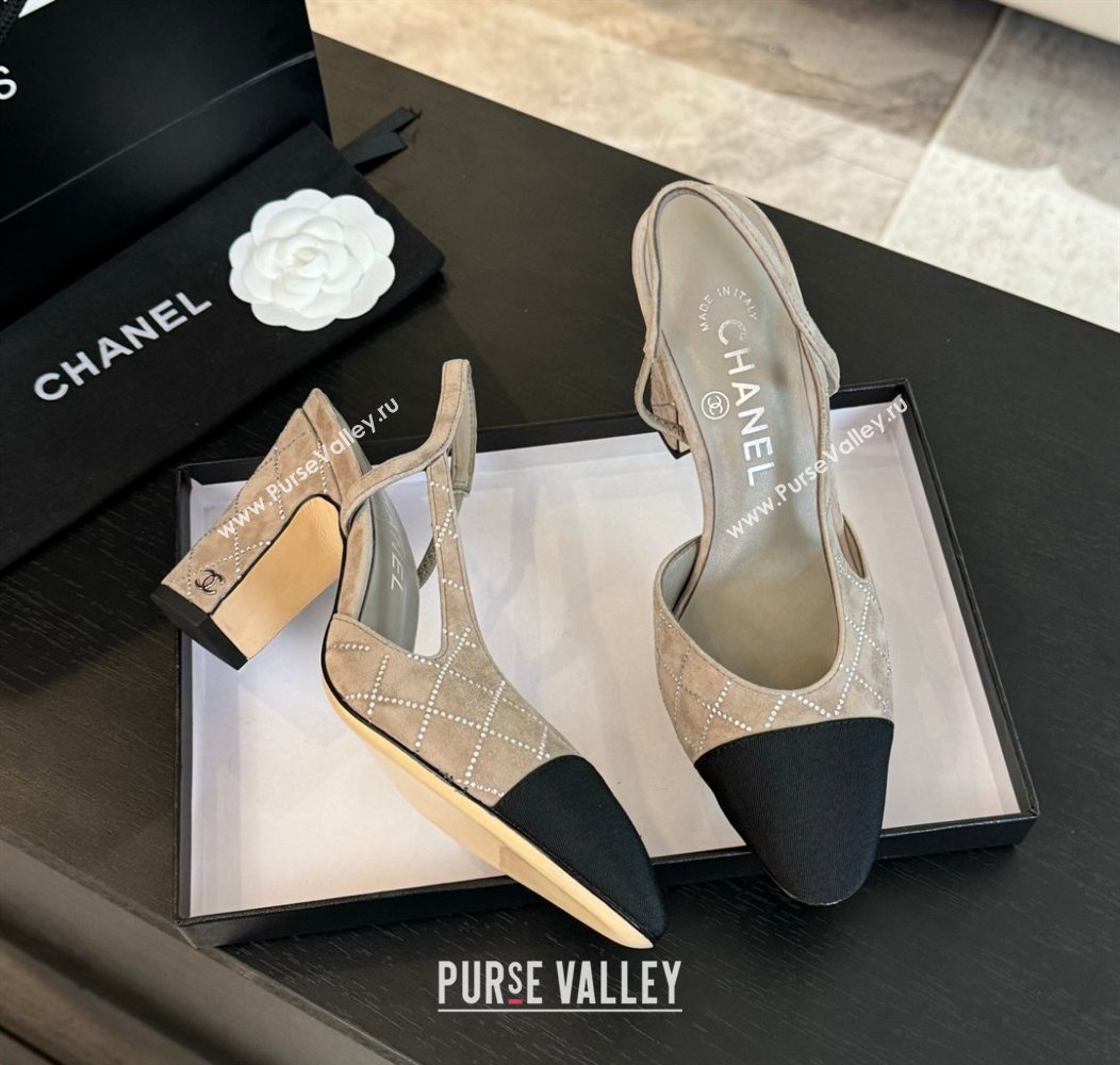 Chanel Quilted Suede Grosgrain Slingback Pumps 9cm with Studs G45509 Beige Grey 2024 (MD-250103089)