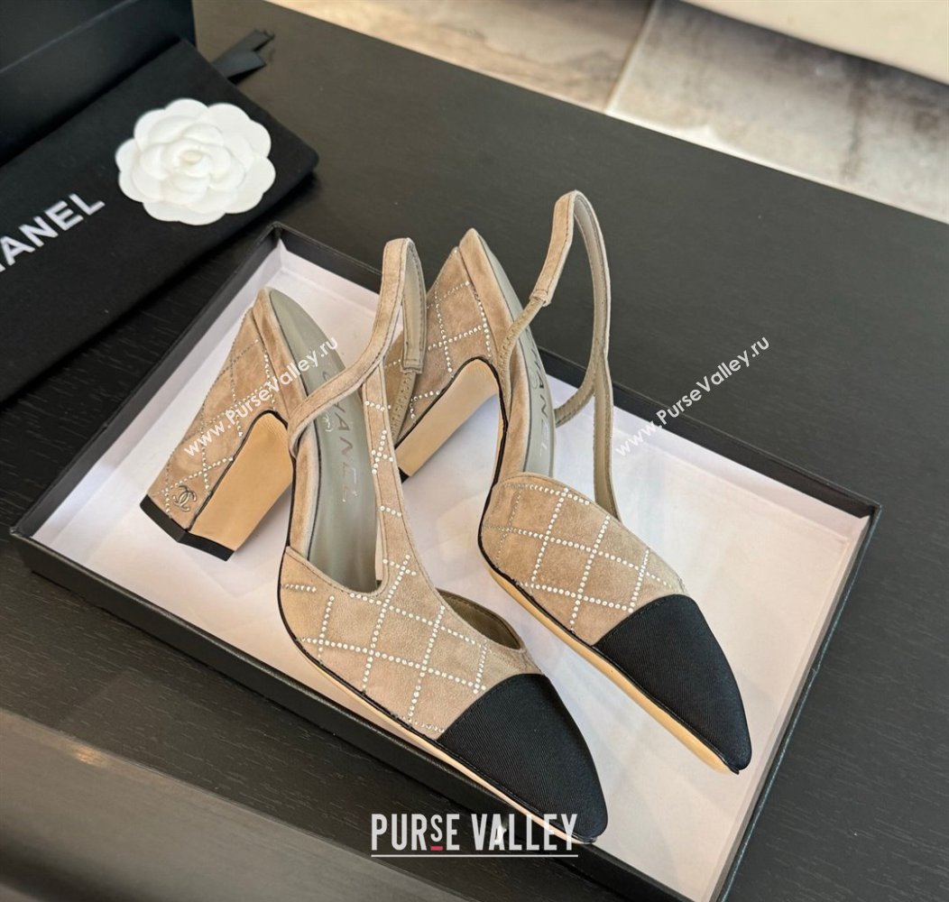 Chanel Quilted Suede Grosgrain Slingback Pumps 9cm with Studs G45509 Beige Grey 2024 (MD-250103089)