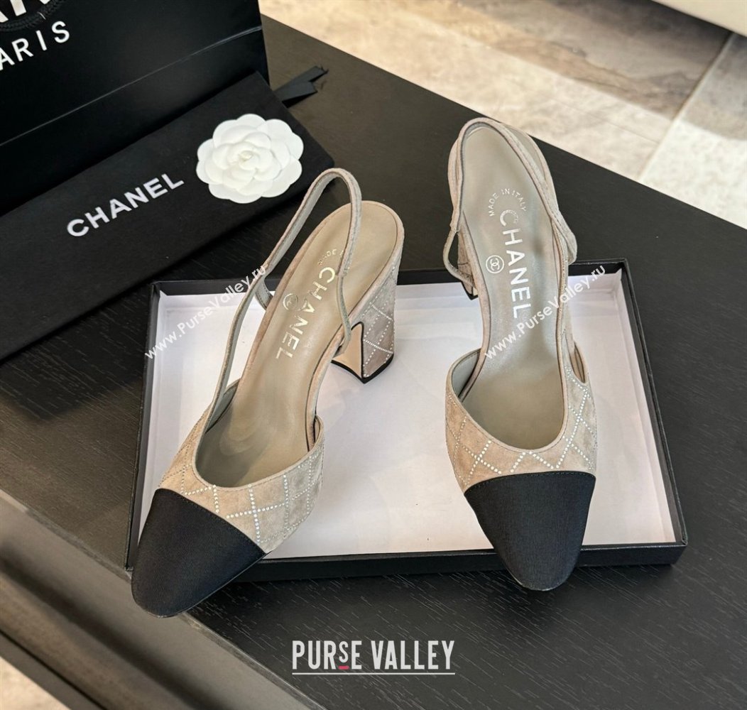 Chanel Quilted Suede Grosgrain Slingback Pumps 9cm with Studs G45509 Beige Grey 2024 (MD-250103089)