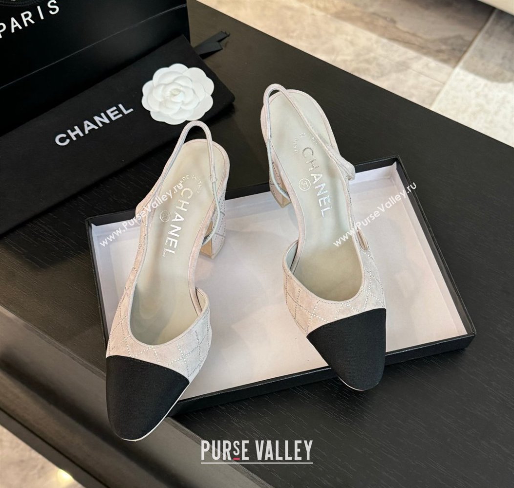 Chanel Quilted Suede Grosgrain Slingback Pumps 9cm with Studs G45509 Light Grey 2024 (MD-250103090)