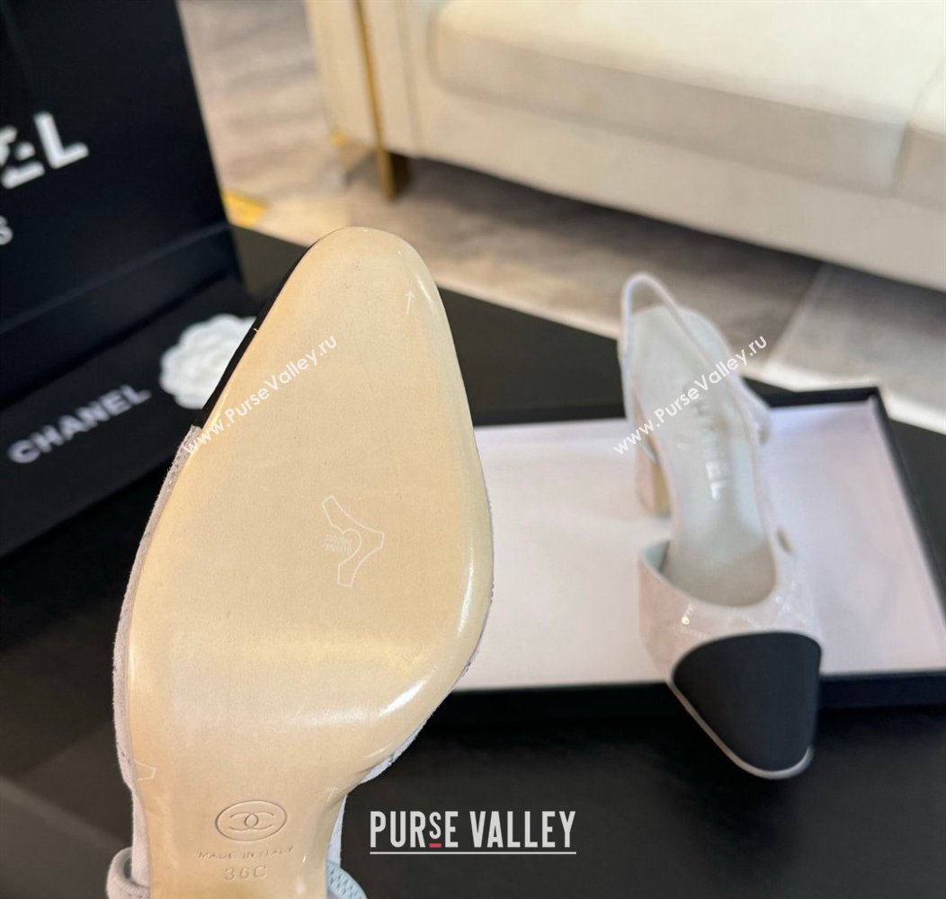 Chanel Quilted Suede Grosgrain Slingback Pumps 9cm with Studs G45509 Light Grey 2024 (MD-250103090)