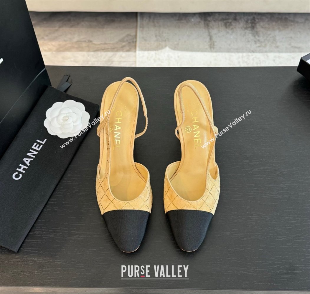 Chanel Quilted Suede Grosgrain Slingback Pumps 9cm with Studs G45509 Dark Beige 2024 (MD-250103092)