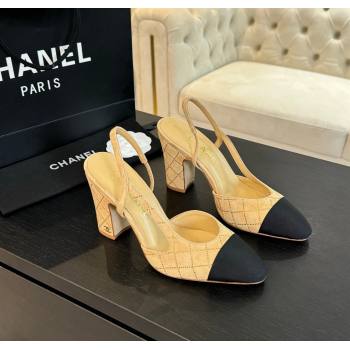 Chanel Quilted Suede Grosgrain Slingback Pumps 9cm with Studs G45509 Dark Beige 2024 (MD-250103092)