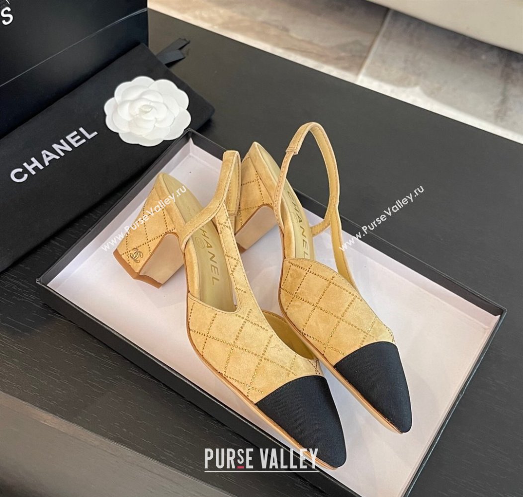 Chanel Quilted Suede Grosgrain Slingback Pumps 6.5cm with Studs G31318 Dark Beige 2024 (MD-250103081)