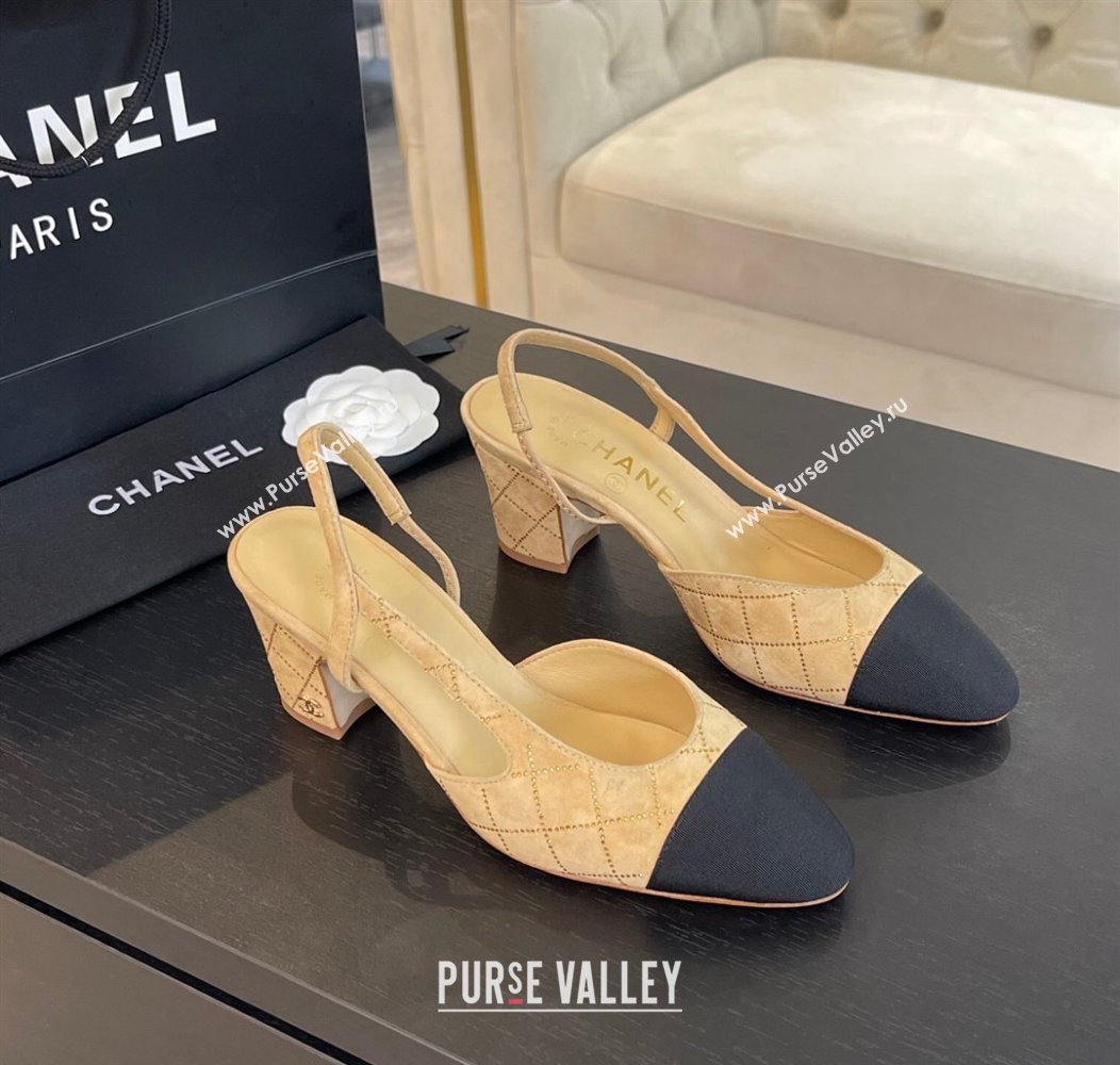 Chanel Quilted Suede Grosgrain Slingback Pumps 6.5cm with Studs G31318 Dark Beige 2024 (MD-250103081)