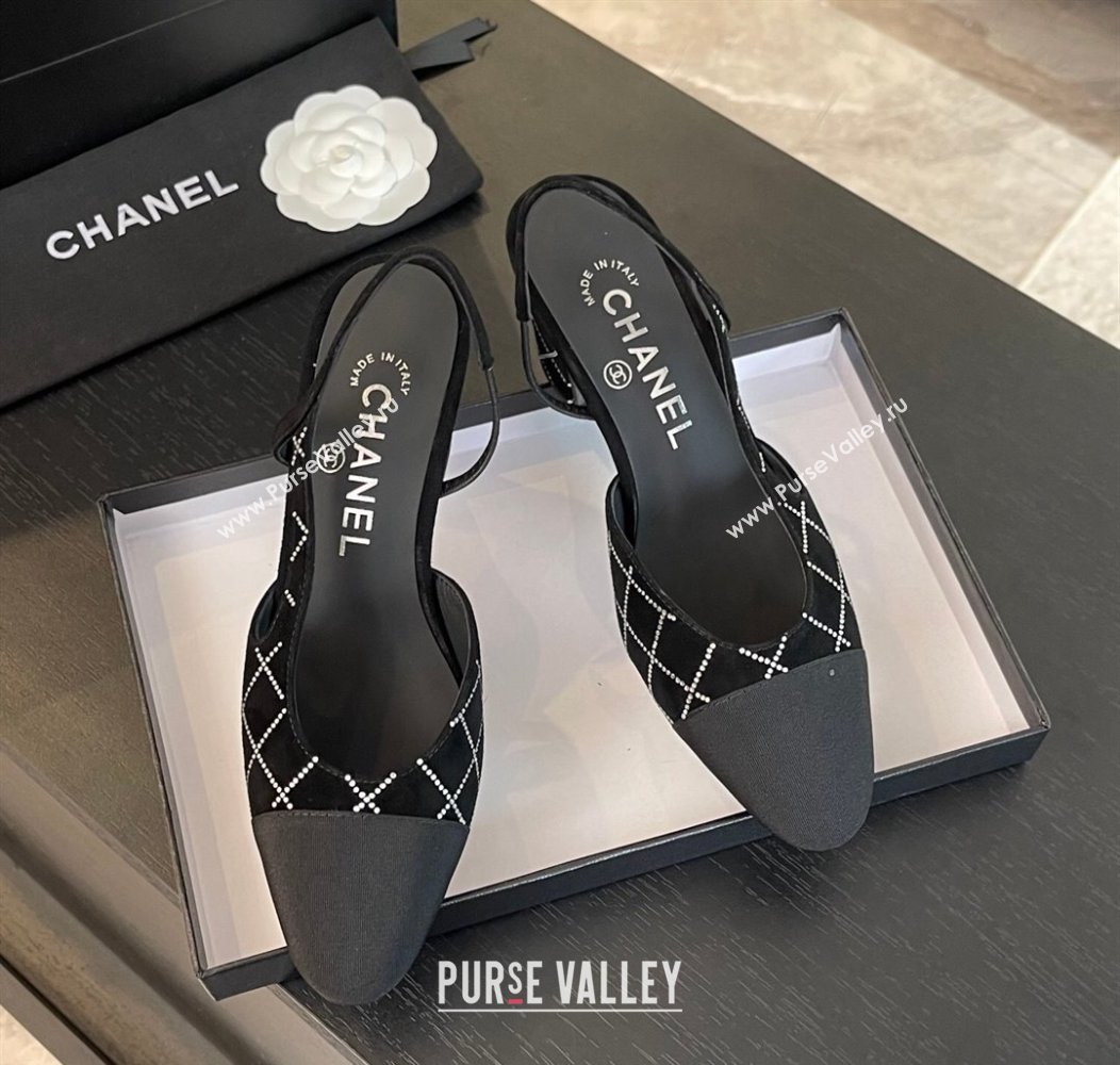 Chanel Quilted Suede Grosgrain Slingback Pumps 6.5cm with Studs G31318 Black 2024 (MD-250103082)