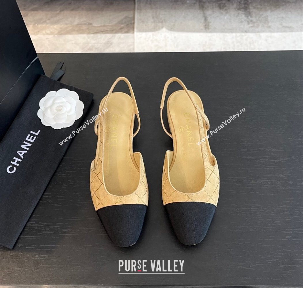 Chanel Quilted Suede Grosgrain Slingbacks Flats with Studs G31319 Dark Beige 2024 (MD-250103093)