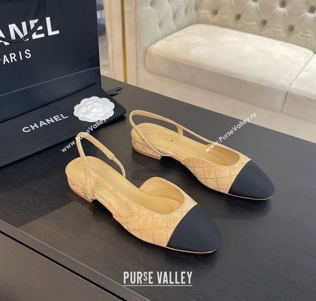 Chanel Quilted Suede Grosgrain Slingbacks Flats with Studs G31319 Dark Beige 2024 (MD-250103093)