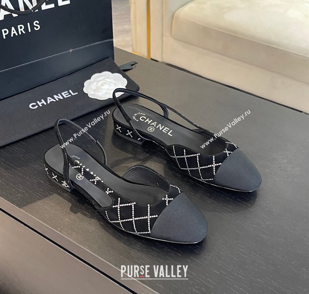 Chanel Quilted Suede Grosgrain Slingbacks Flats with Studs G31319 Black 2024 (MD-250103095)