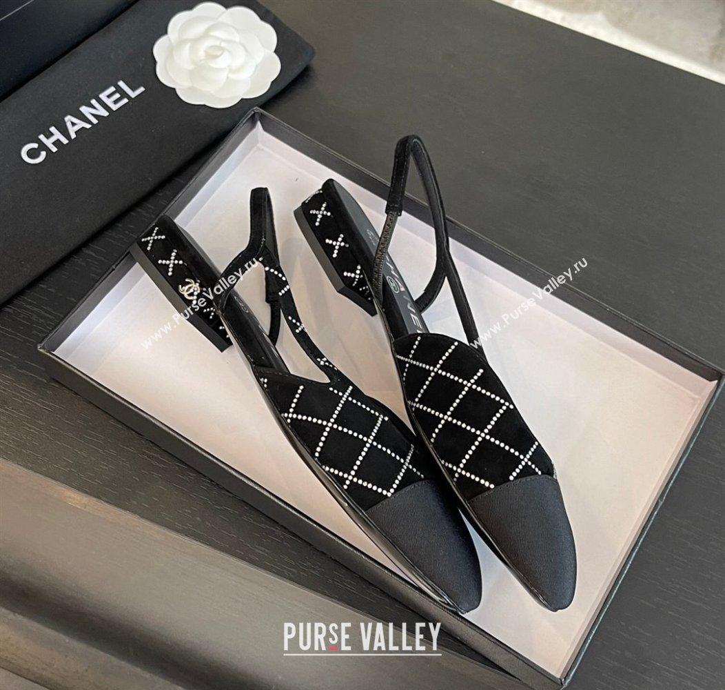 Chanel Quilted Suede Grosgrain Slingbacks Flats with Studs G31319 Black 2024 (MD-250103095)