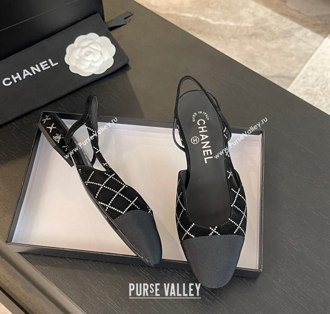 Chanel Quilted Suede Grosgrain Slingbacks Flats with Studs G31319 Black 2024 (MD-250103095)