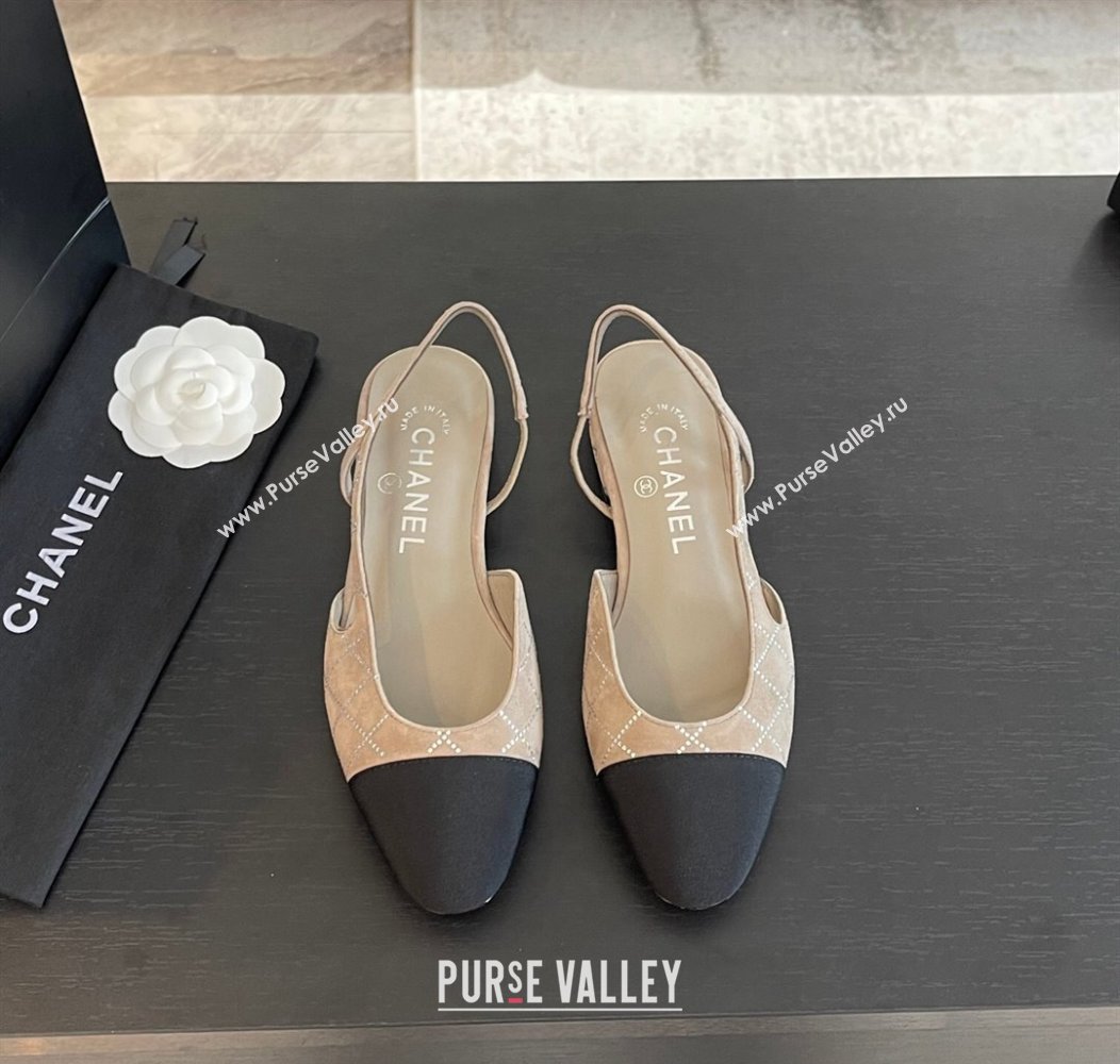 Chanel Quilted Suede Grosgrain Slingbacks Flats with Studs G31319 Beige Grey 2024 (MD-250103098)