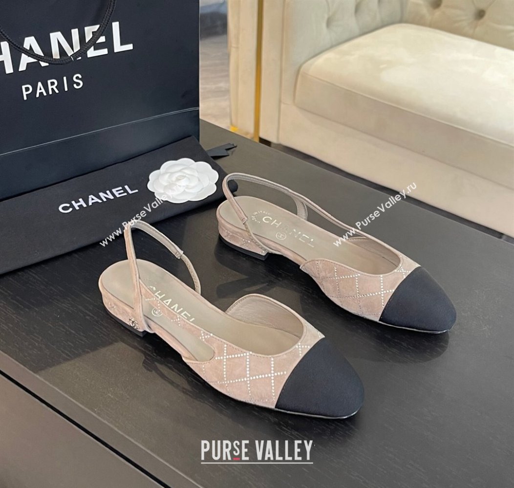 Chanel Quilted Suede Grosgrain Slingbacks Flats with Studs G31319 Beige Grey 2024 (MD-250103098)