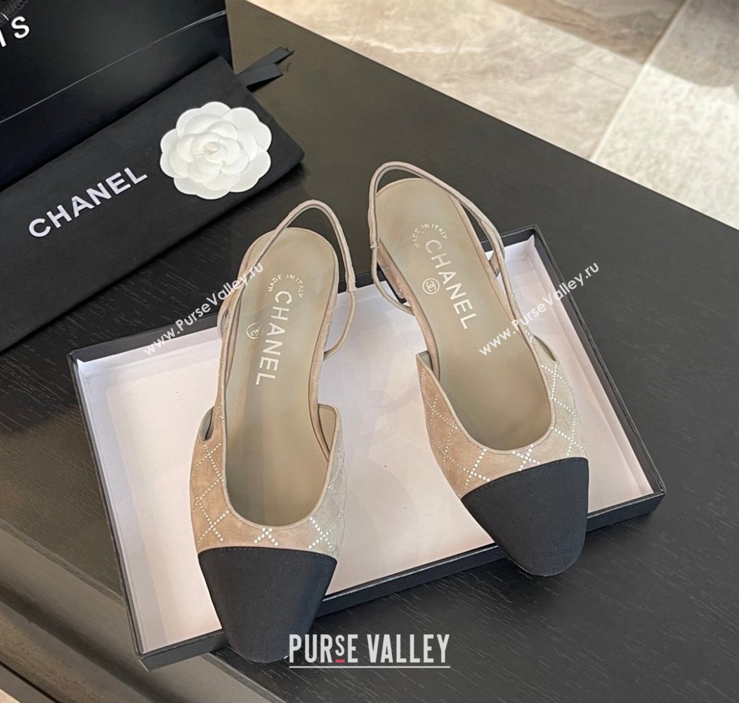 Chanel Quilted Suede Grosgrain Slingbacks Flats with Studs G31319 Beige Grey 2024 (MD-250103098)