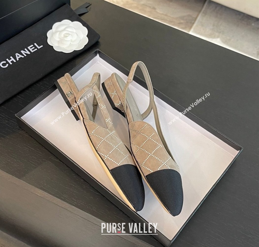 Chanel Quilted Suede Grosgrain Slingbacks Flats with Studs G31319 Beige Grey 2024 (MD-250103098)