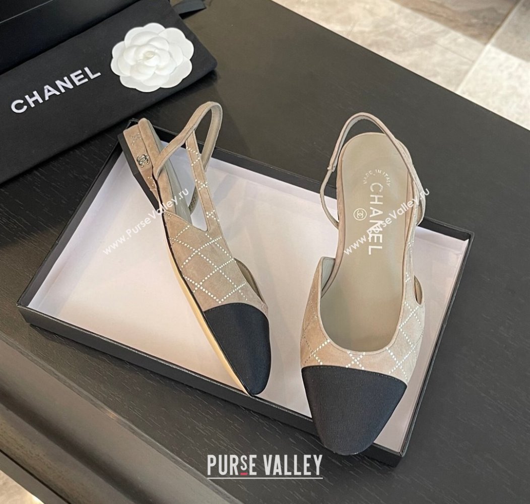 Chanel Quilted Suede Grosgrain Slingbacks Flats with Studs G31319 Beige Grey 2024 (MD-250103098)