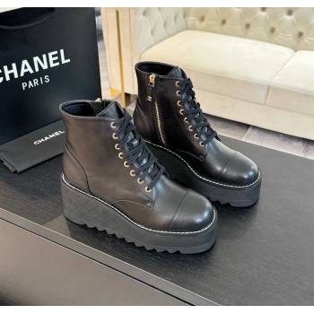 Chanel Lambskin Wedge Laced-up Ankle Boots 10cm Black 2025 CH010306 (MD-250103064)