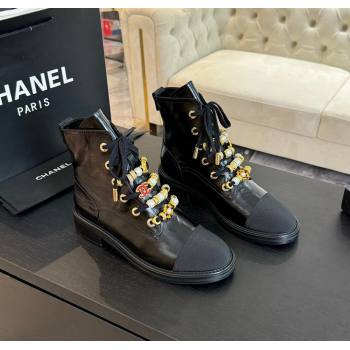 Chanel Crumpled Shiny Calfskin Grosgrain Ankle Boots with Beads Charm Black 2024 (MD-250103067)