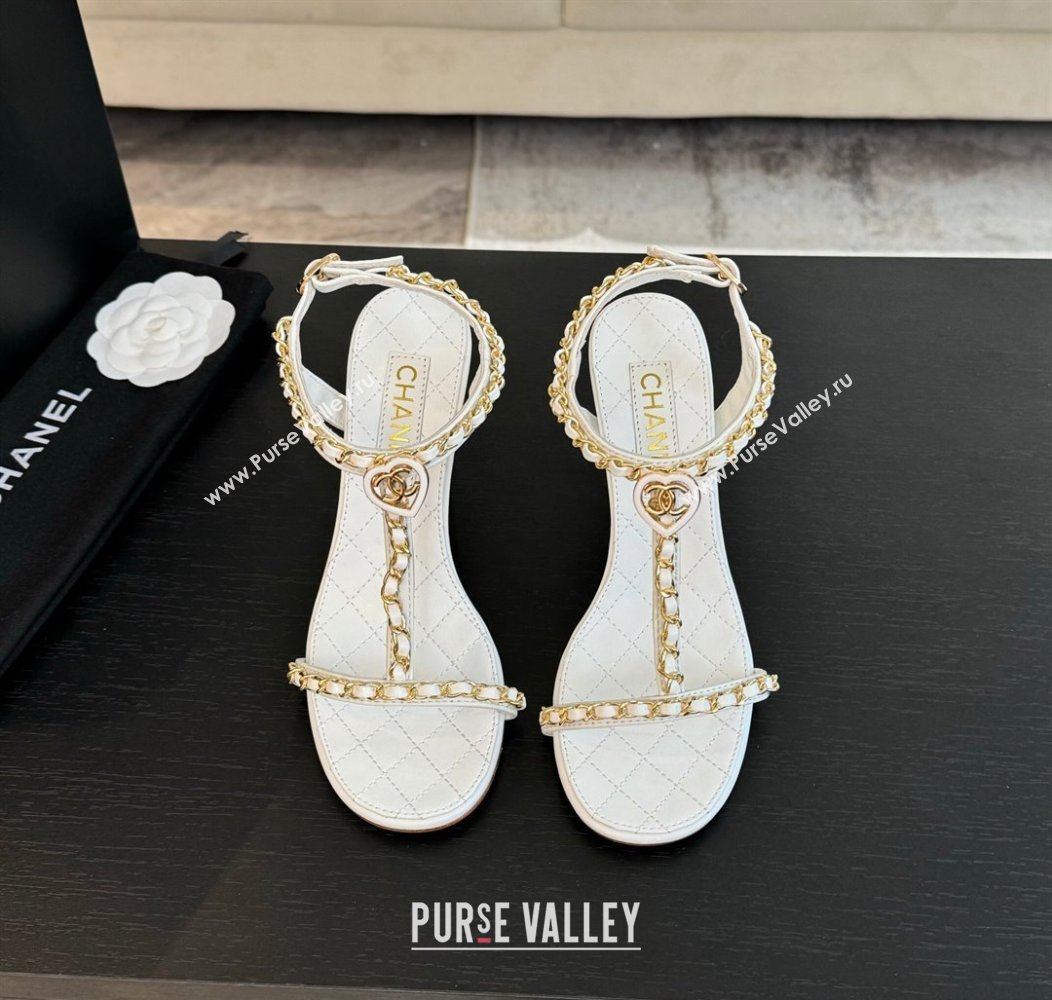 Chanel Lambskin Heel Sandals 8.5cm with Chain and Heart G46109 White 2024 (SS-240102061)