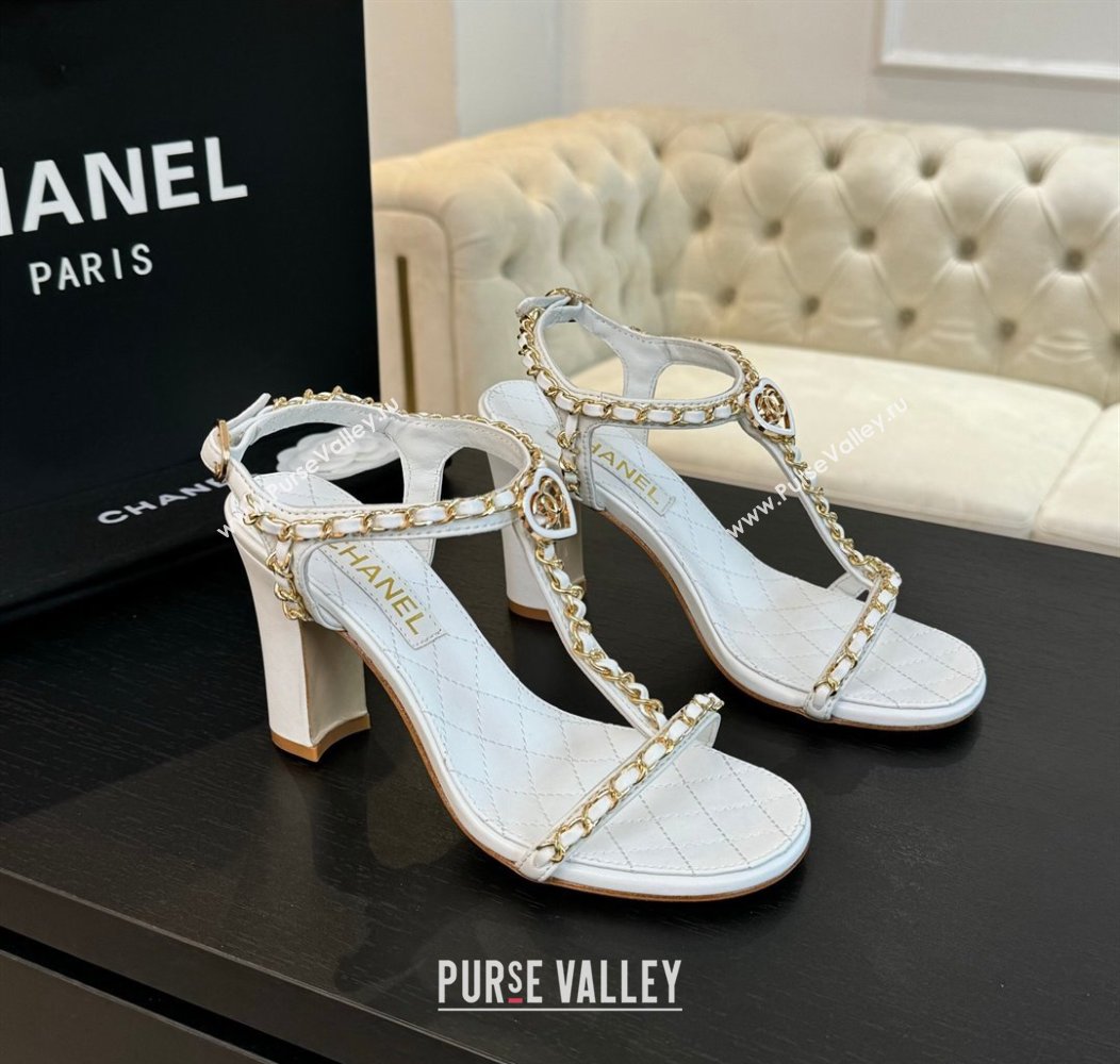 Chanel Lambskin Heel Sandals 8.5cm with Chain and Heart G46109 White 2024 (SS-240102061)