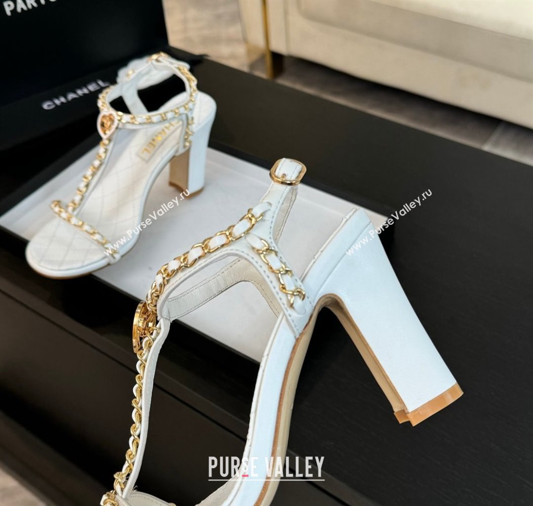 Chanel Lambskin Heel Sandals 8.5cm with Chain and Heart G46109 White 2024 (SS-240102061)