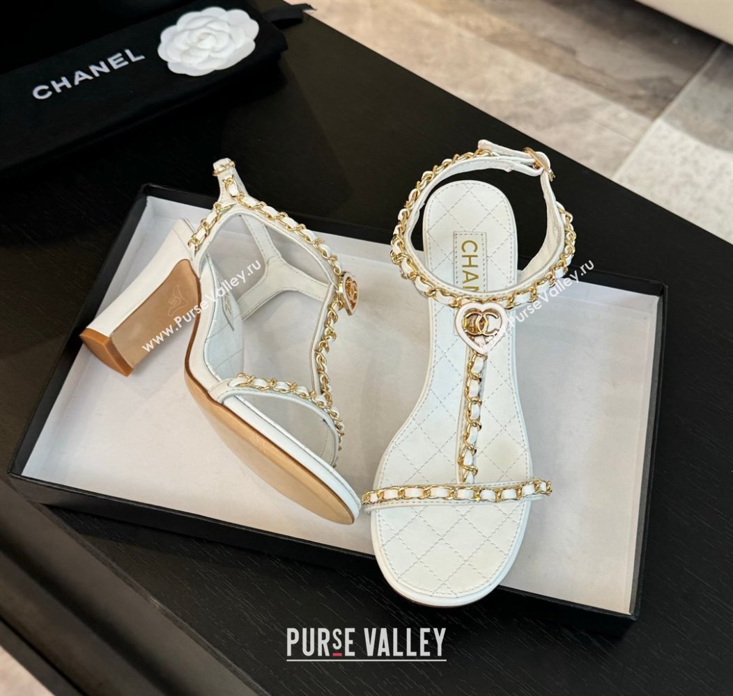 Chanel Lambskin Heel Sandals 8.5cm with Chain and Heart G46109 White 2024 (SS-240102061)