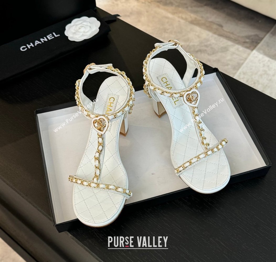 Chanel Lambskin Heel Sandals 8.5cm with Chain and Heart G46109 White 2024 (SS-240102061)