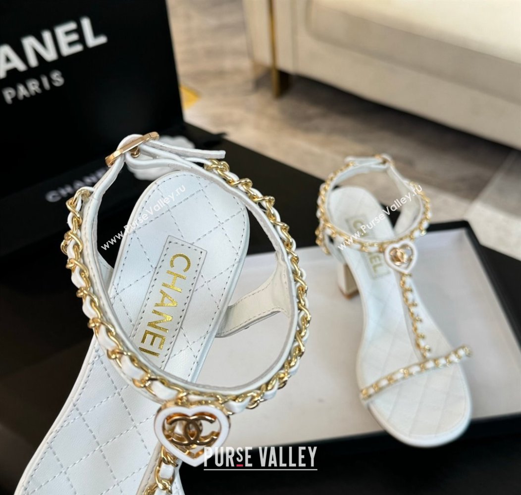 Chanel Lambskin Heel Sandals 8.5cm with Chain and Heart G46109 White 2024 (SS-240102061)