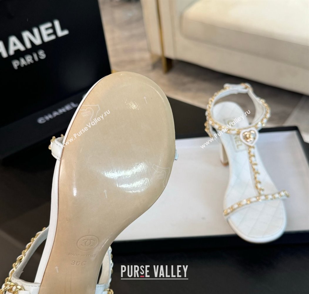 Chanel Lambskin Heel Sandals 8.5cm with Chain and Heart G46109 White 2024 (SS-240102061)